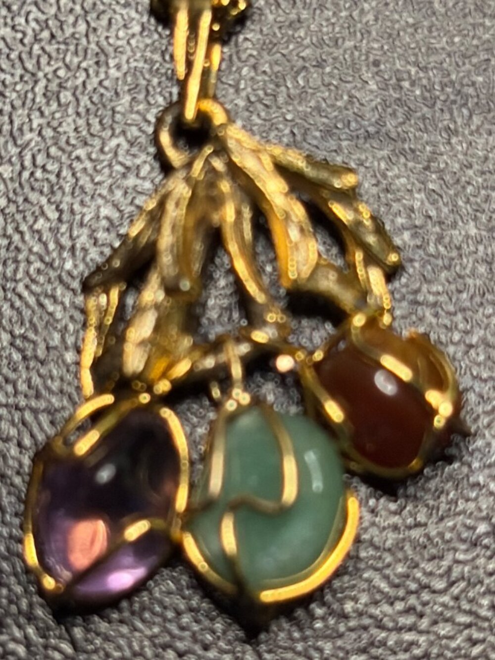 Vintage Stone Cluster Pendant Necklace Gold Tone Wire Wrapped